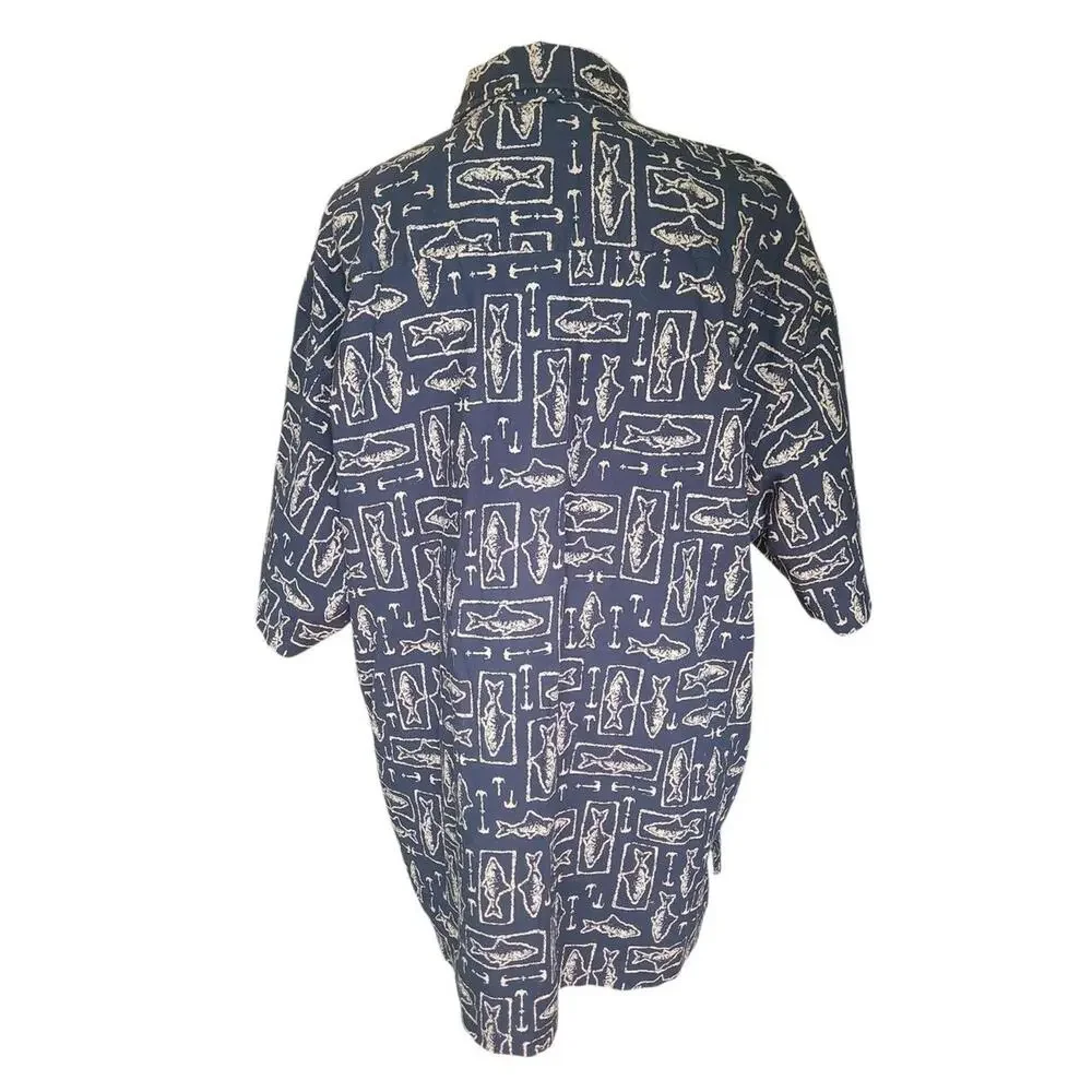 Vintage Timberland Fishing Print Button Up Shirt XL Blue Nautical Cotton